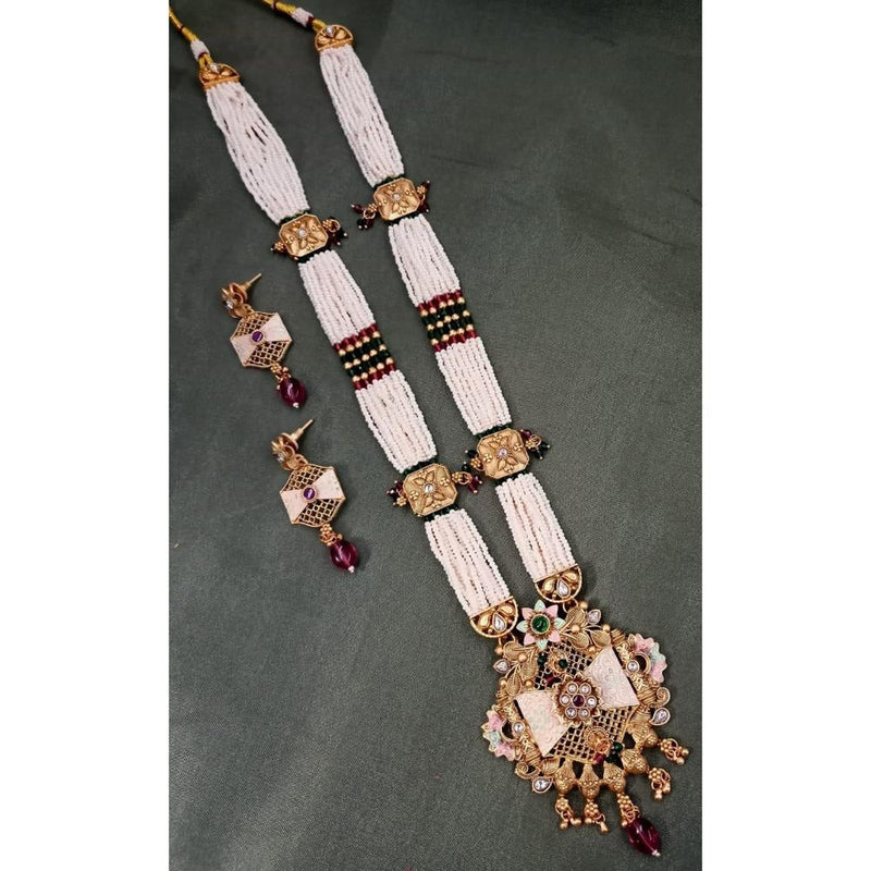 Akruti Collection Gold Plated Kundan Stone Meenakari Pearls Long Necklace Set