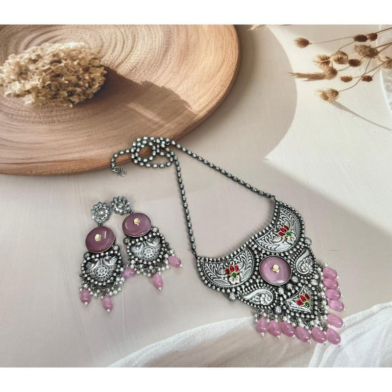 Akruti Collection Oxidised Plated Pota Stone Necklace Set