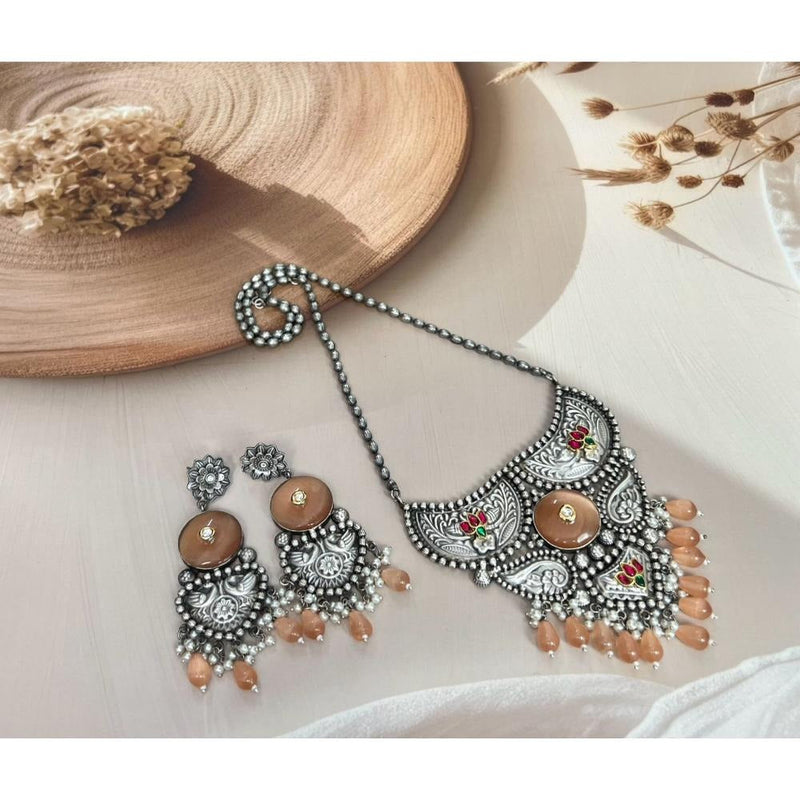 Akruti Collection Oxidised Plated Pota Stone Necklace Set