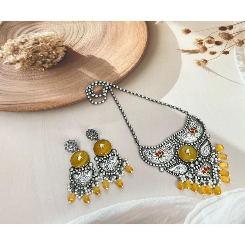 Akruti Collection Oxidised Plated Pota Stone Necklace Set