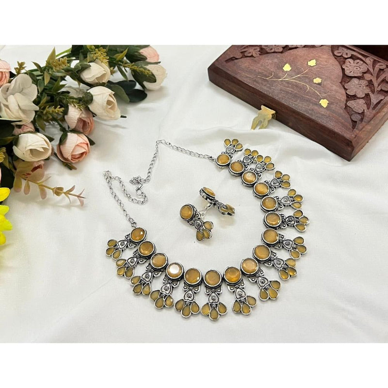 Akruti Collection Oxidised Plated Pota Stone Necklace Set