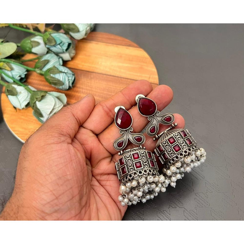 Akruti Collection Oxidised Plated Pota Stone Jhumki Earrings