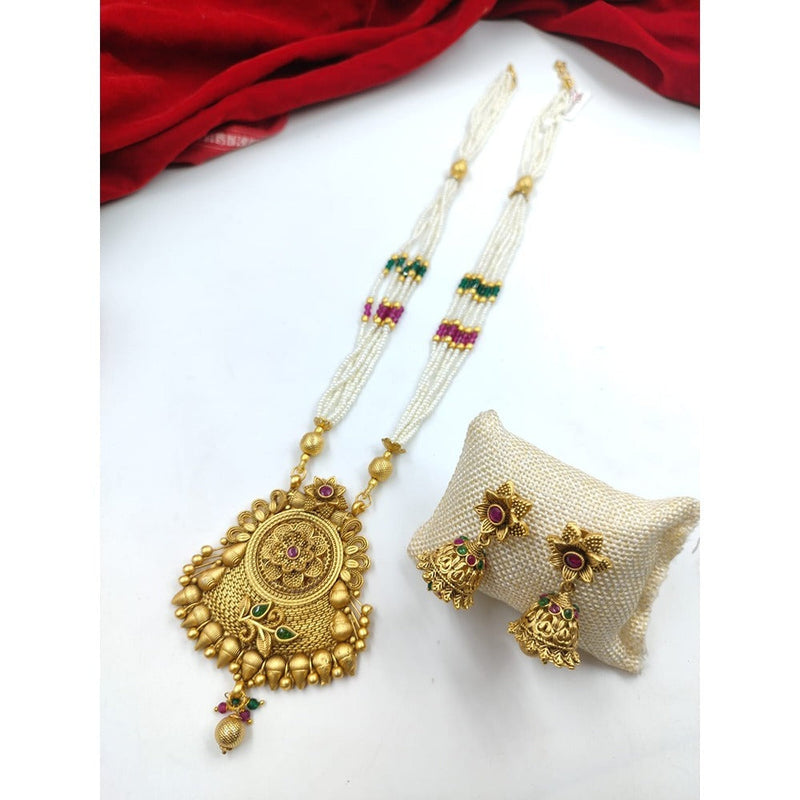 Akruti Collection Gold Plated Crystal Stone Pearls Long Necklace Set