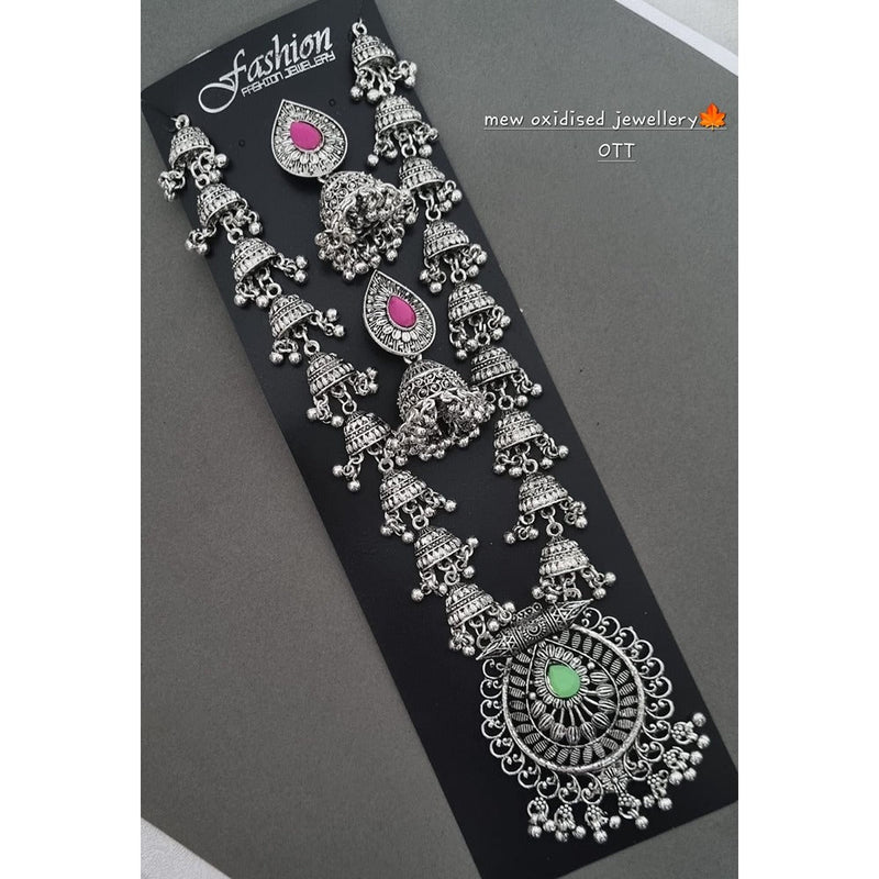 Akruti Collection Oxidised Plated Pota Stone Long Necklace Set