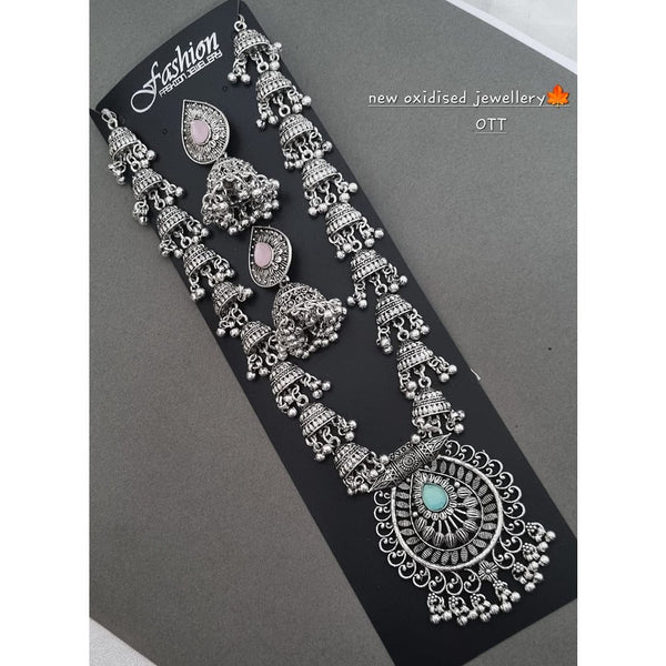 Akruti Collection Oxidised Plated Pota Stone Long Necklace Set