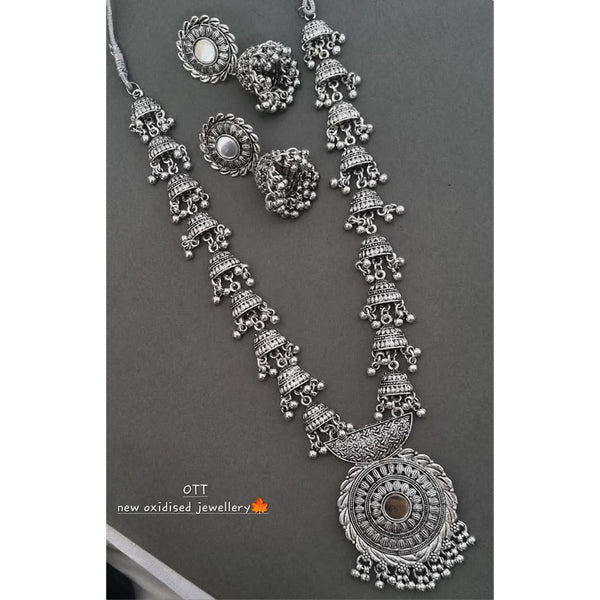 Akruti Collection Oxidised Plated Mirror Long Necklace Set