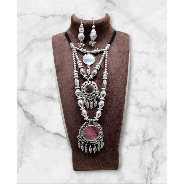 Akruti Collection Oxidised Plated Mirror Long Necklace Set