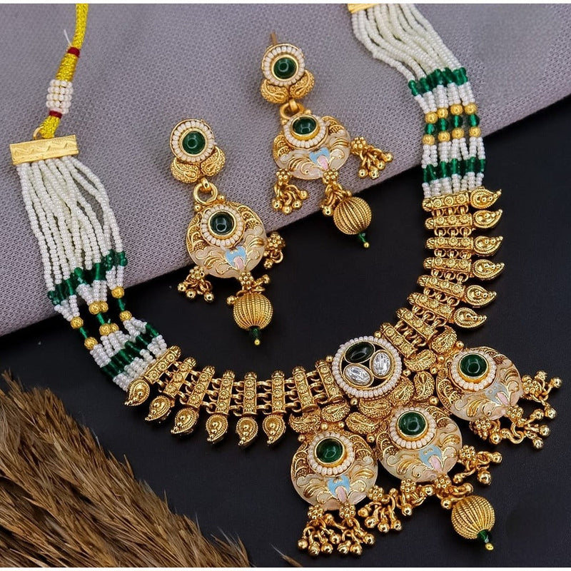 Akruti Collection Gold Plated Kundan Stone And Meenakari Pearls Necklace Set