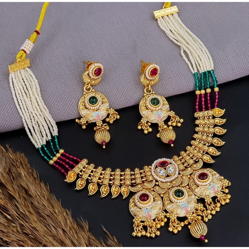 Akruti Collection Gold Plated Kundan Stone And Meenakari Pearls Necklace Set