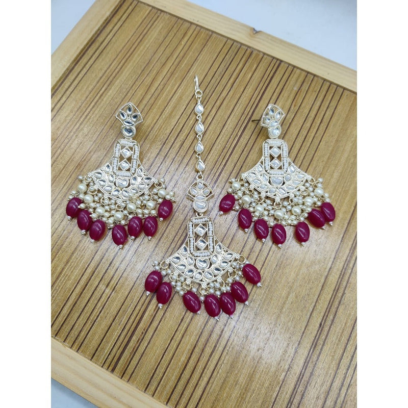 Akruti Collection Gold Plated Kundan Stone And Pearls Earrings With Maangtikka