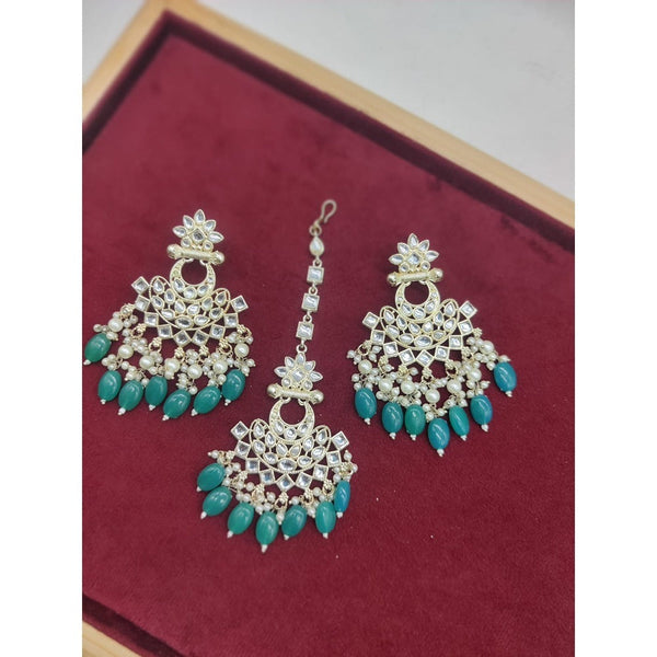 Akruti Collection Gold Plated Kundan Stone And Pearls Earrings With Maangtikka