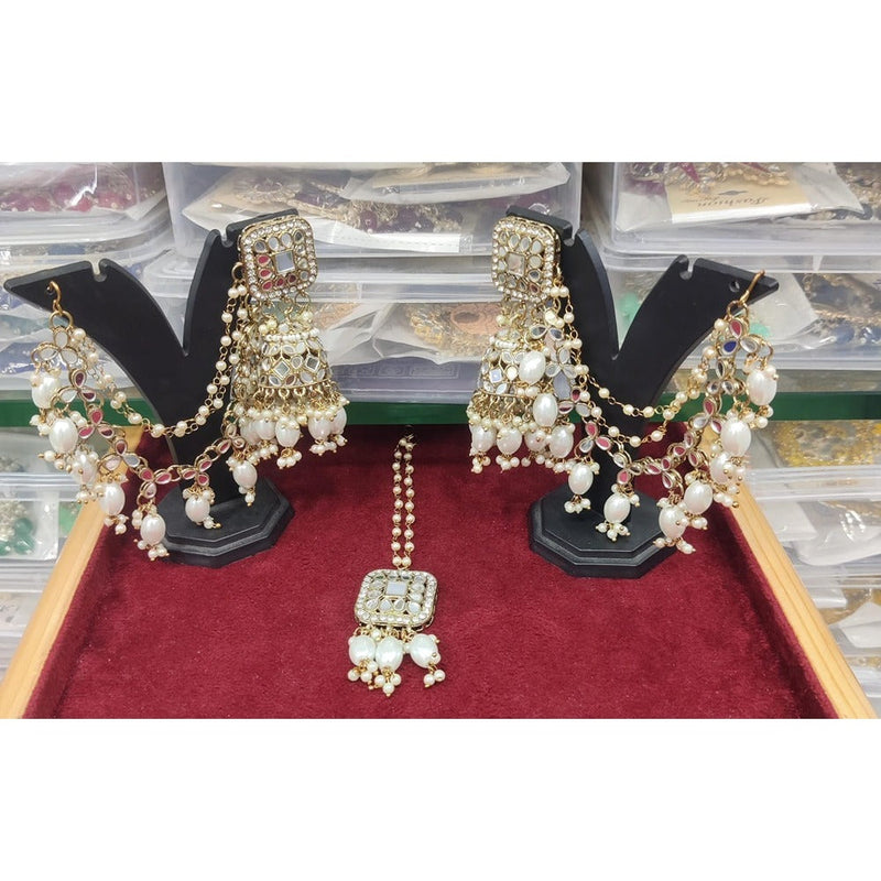 Akruti Collection Gold Plated Mirror And Pearls Jhumki With Maangtikka