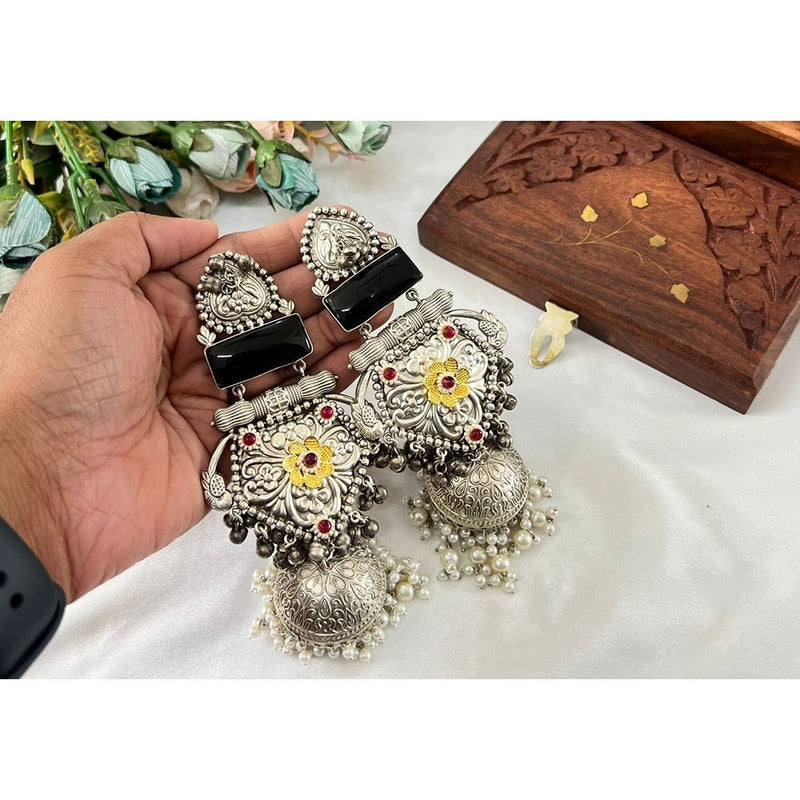 Akruti Collection 2 Tone Pota Stone And Pearls Jhumki