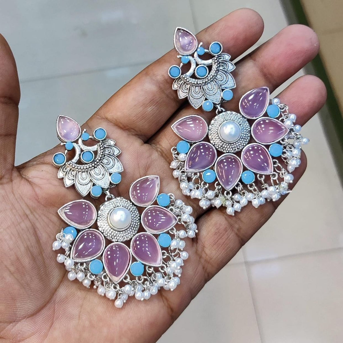 Akruti Collection Oxidised Plated Kundan stone And Pearl Dangler Earrings