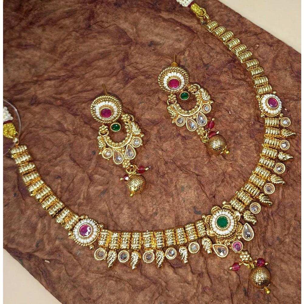 Akruti Collection Gold Plated Pota Stone And Pearls Necklace Set