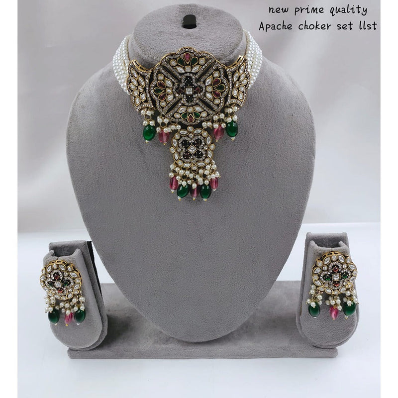 Akruti Collection Gold Plated  Kundan Stone And Beads Choker Necklace Set