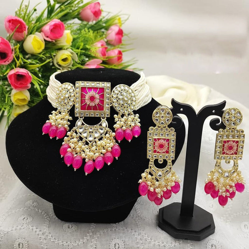 Akruti Collection Gold Plated  Kundan Stone And Beads Choker Necklace Set