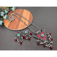 Akruti Collection Oxidised Plated Austrian Stone Long Necklace Set