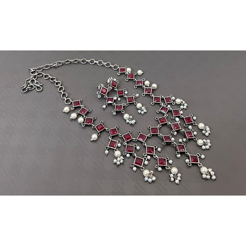 Akruti Collection Oxidised Plated Pota Stone And Pearls Long Necklace Set