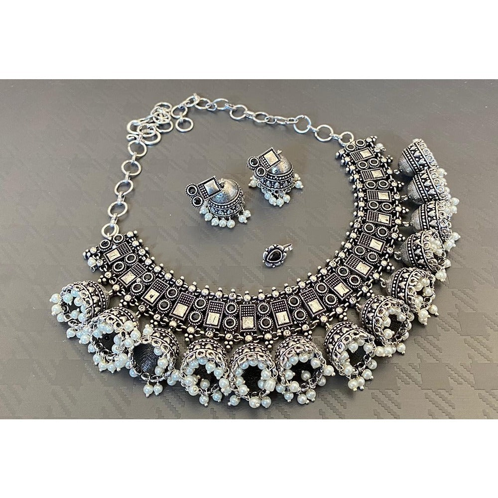 Akruti Collection Oxidised Plated Pota Stone And Pearls Necklace Set