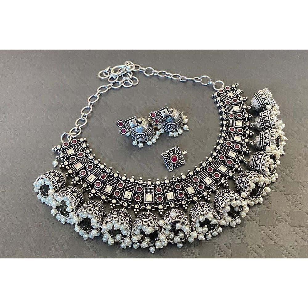 Akruti Collection Oxidised Plated Pota Stone And Pearls Necklace Set