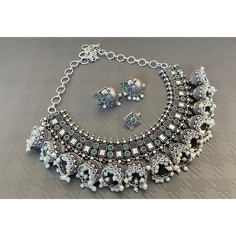 Akruti Collection Oxidised Plated Pota Stone And Pearls Necklace Set