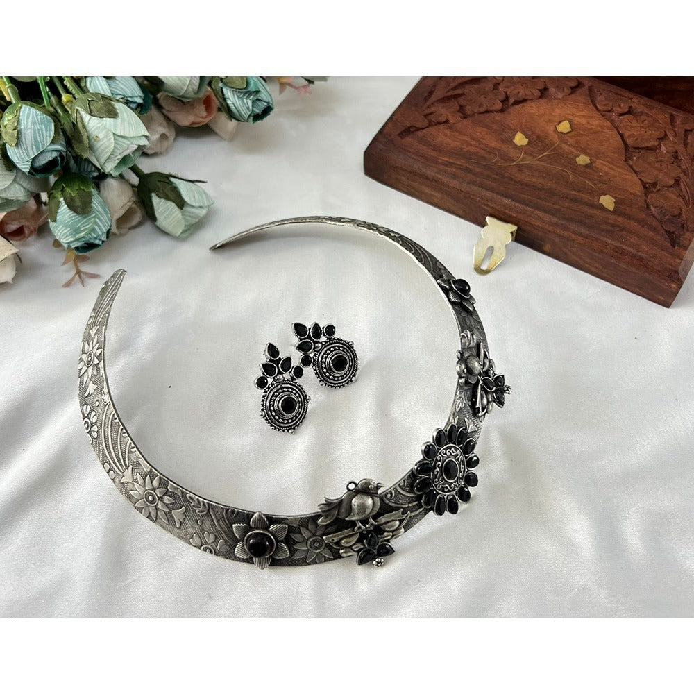 Akruti Collection Oxidised Plated Pota Stone Necklace Set