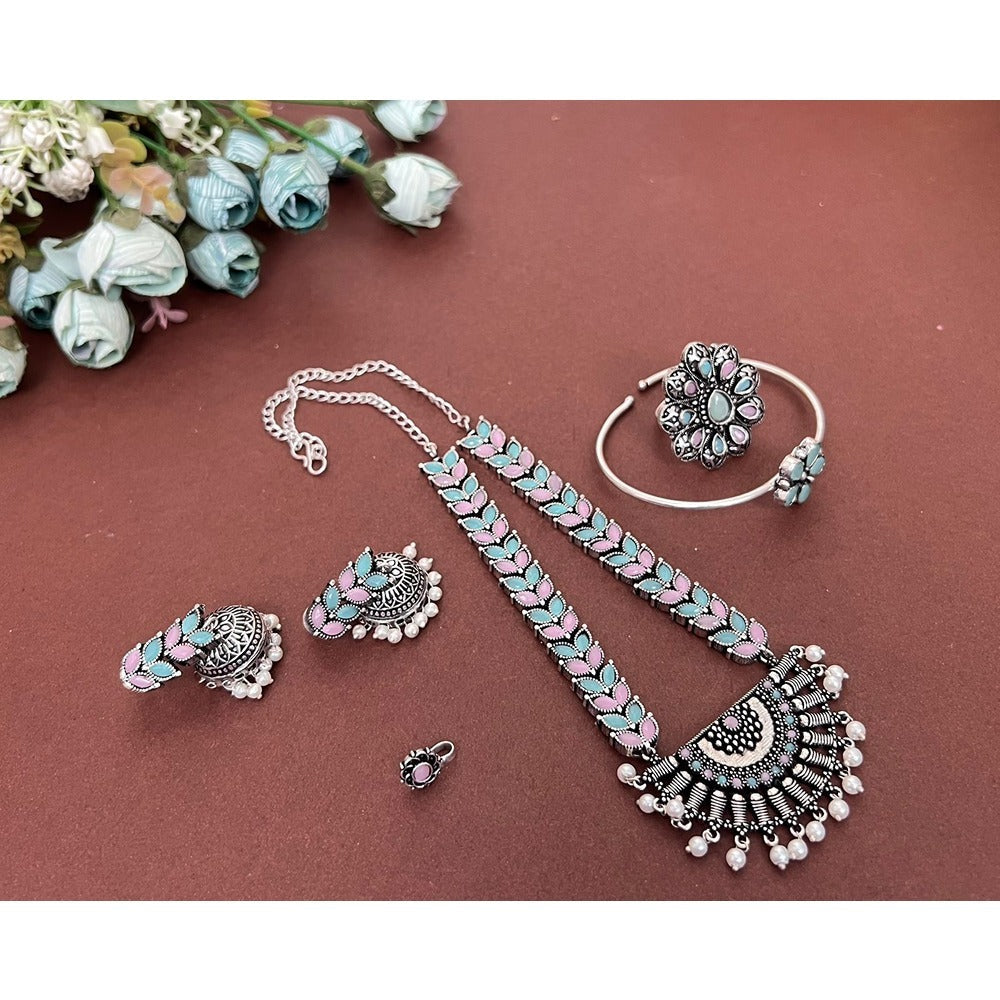 Akruti Collection Oxidised Plated Pota Stone Combo Set