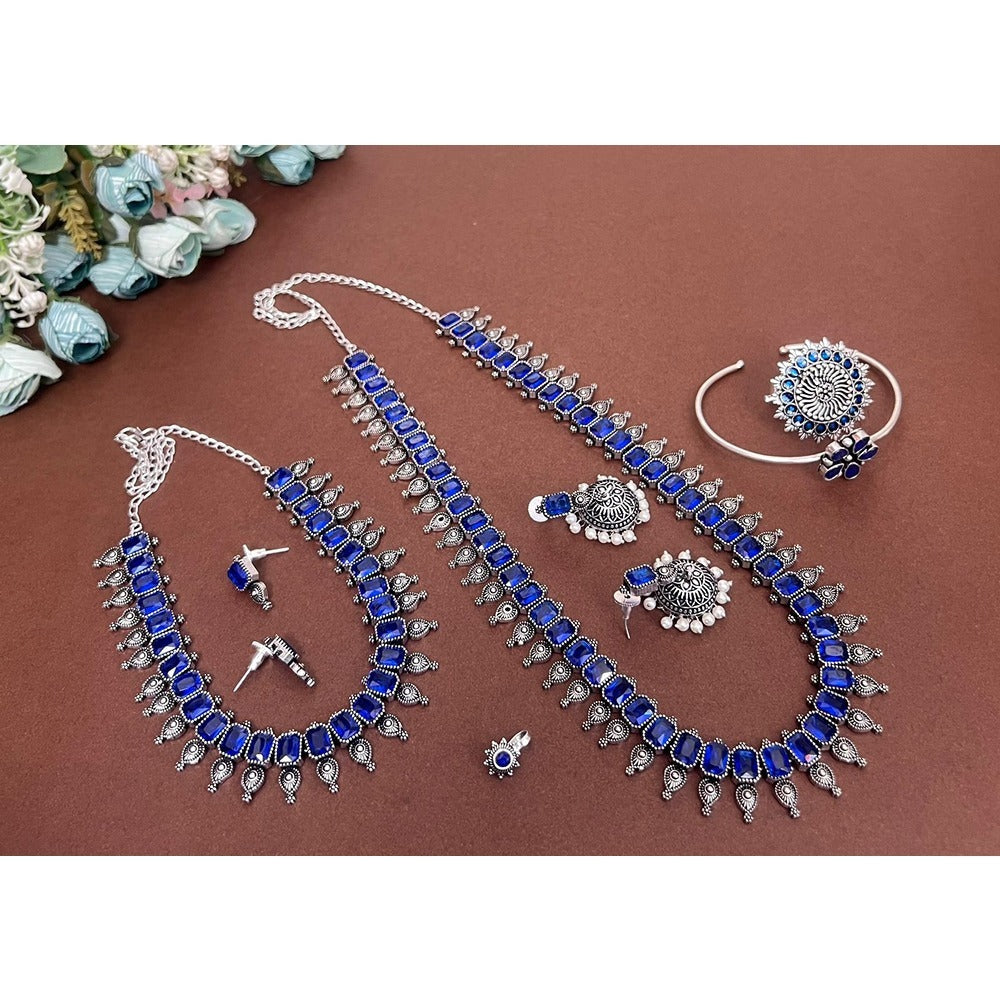 Akruti Collection Oxidised Plated Pota Stone Combo Set