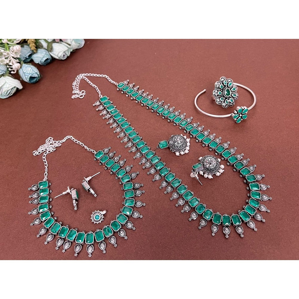 Akruti Collection Oxidised Plated Pota Stone Combo Set