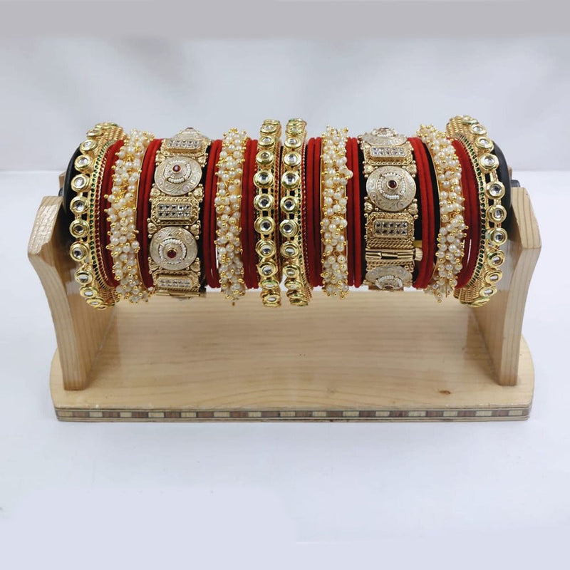 Akruti Collection Gold Plated Kundan Stone And Pearl Meenakari Bangles Set