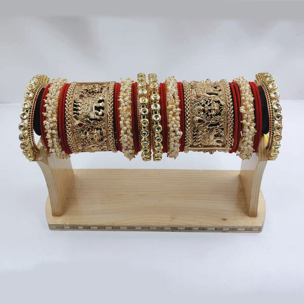 Akruti Collection Gold Plated Kundan Stone And Pearl Bangles Set