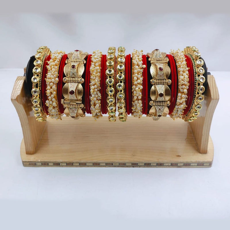 Akruti Collection Gold Plated Kundan Stone And Pearl Meenakari Bangles Set