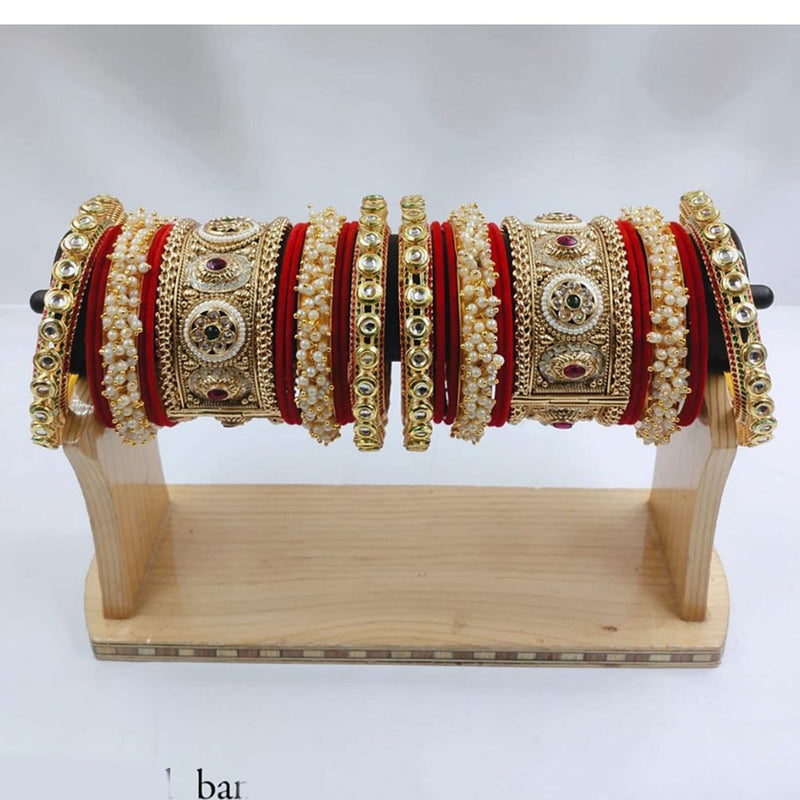 Akruti Collection Gold Plated Kundan Stone And Pearl Meenakari Bangles Set