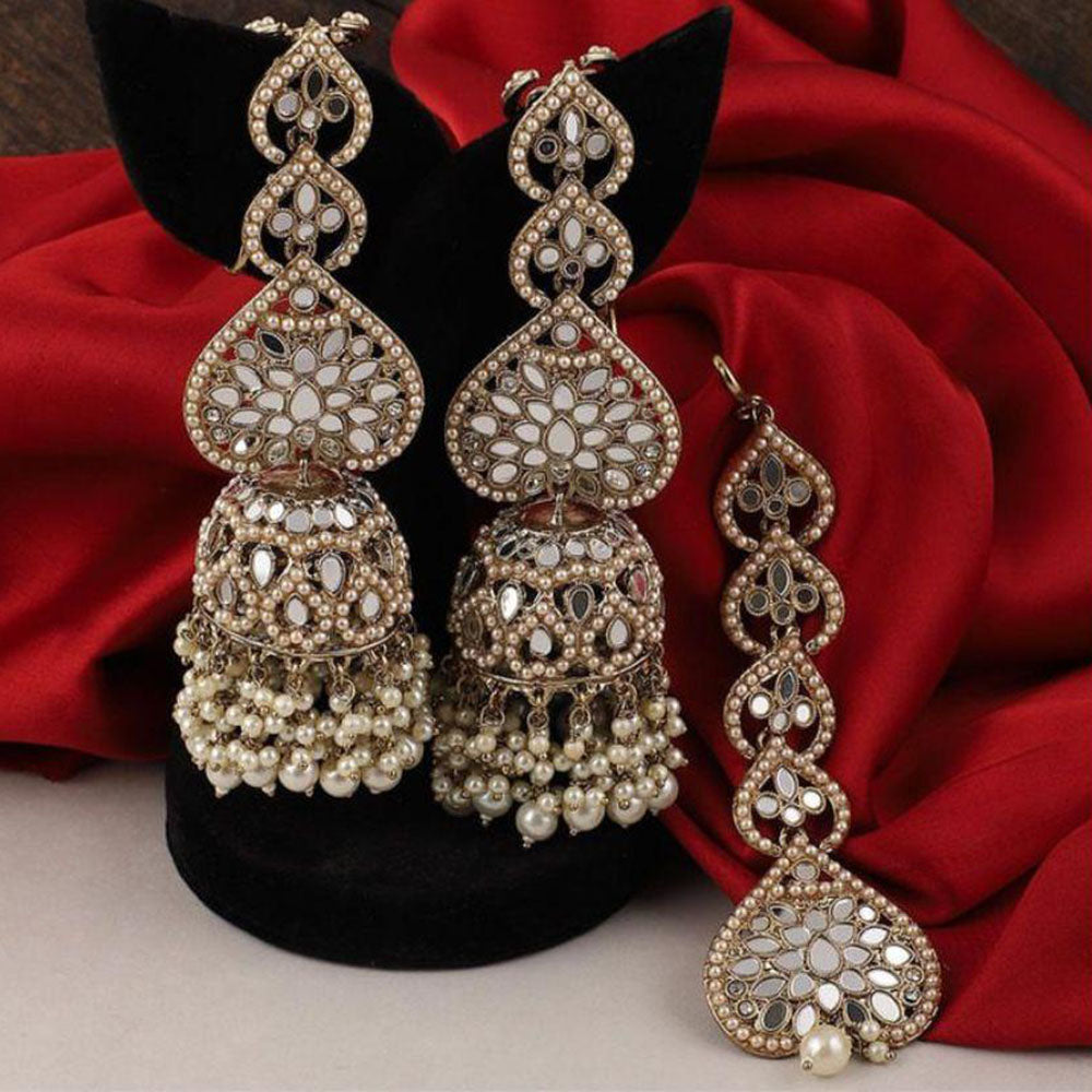 Akruti Collection Gold Plated Mirror And Pearls Earrings With Maangtikka