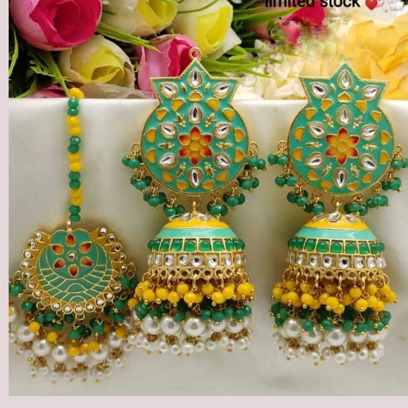 Akruti Collection Gold Plated Kundan Stone And Pearls Meenakari Earrings With Maangtikka