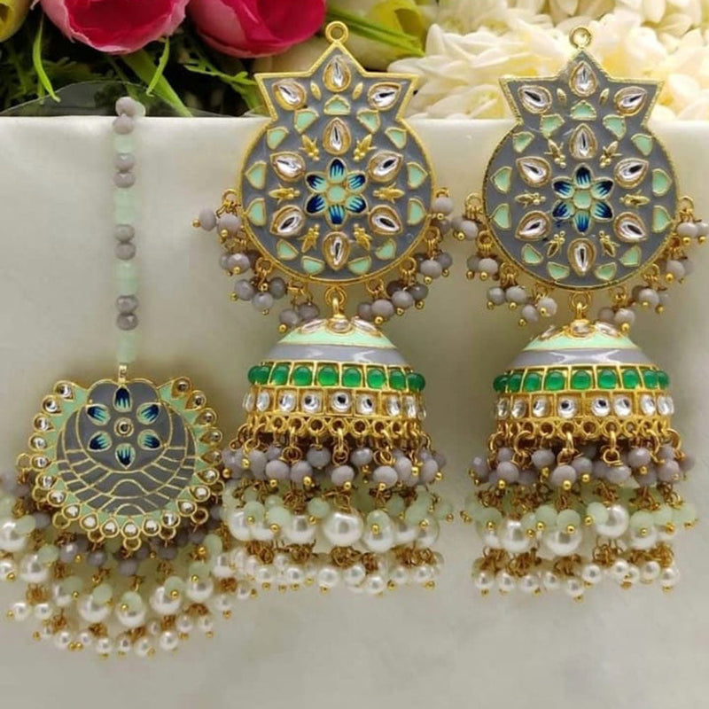 Akruti Collection Gold Plated Kundan Stone And Pearls Meenakari Earrings With Maangtikka