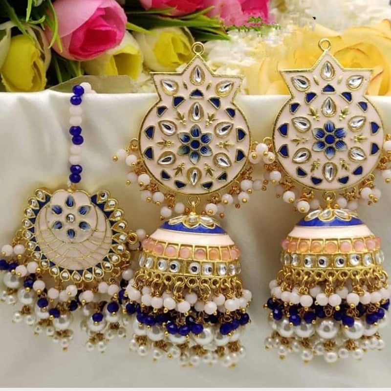 Akruti Collection Gold Plated Kundan Stone And Pearls Meenakari Earrings With Maangtikka