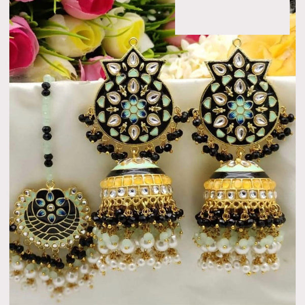 Akruti Collection Gold Plated Kundan Stone And Pearls Meenakari Earrings With Maangtikka