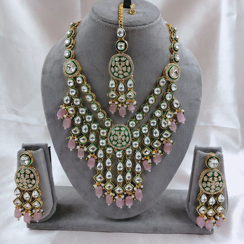 Akruti Collection Gold Plated Kundan Stone Beads And Pearls Meenakari Necklace Set