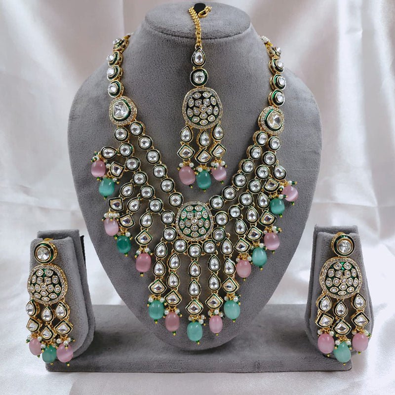 Akruti Collection Gold Plated Kundan Stone Beads And Pearls Meenakari Necklace Set