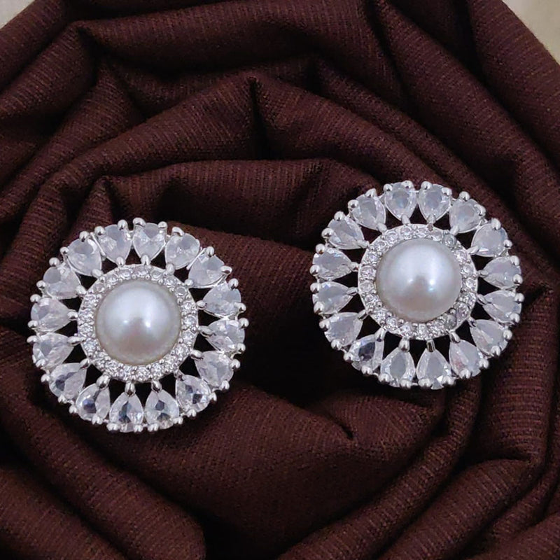 Akruti Collection  Silver Plated AD And Pearl  Stud  Earrings