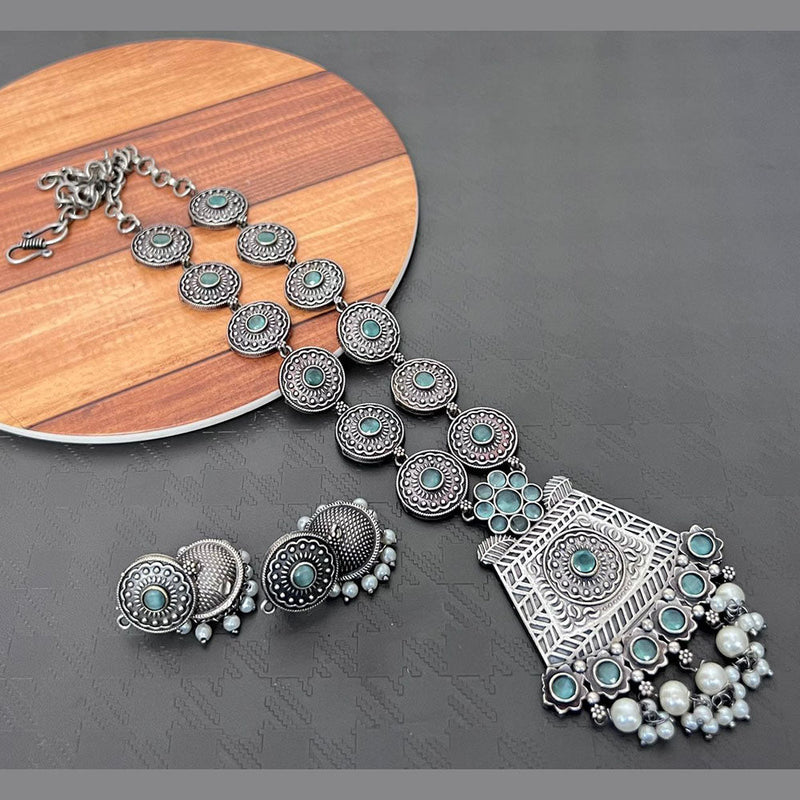 Akruti Collection Oxidised Plated Pota Stone Necklace Set