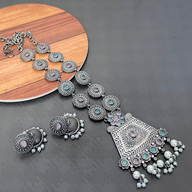 Akruti Collection Oxidised Plated Pota Stone Necklace Set