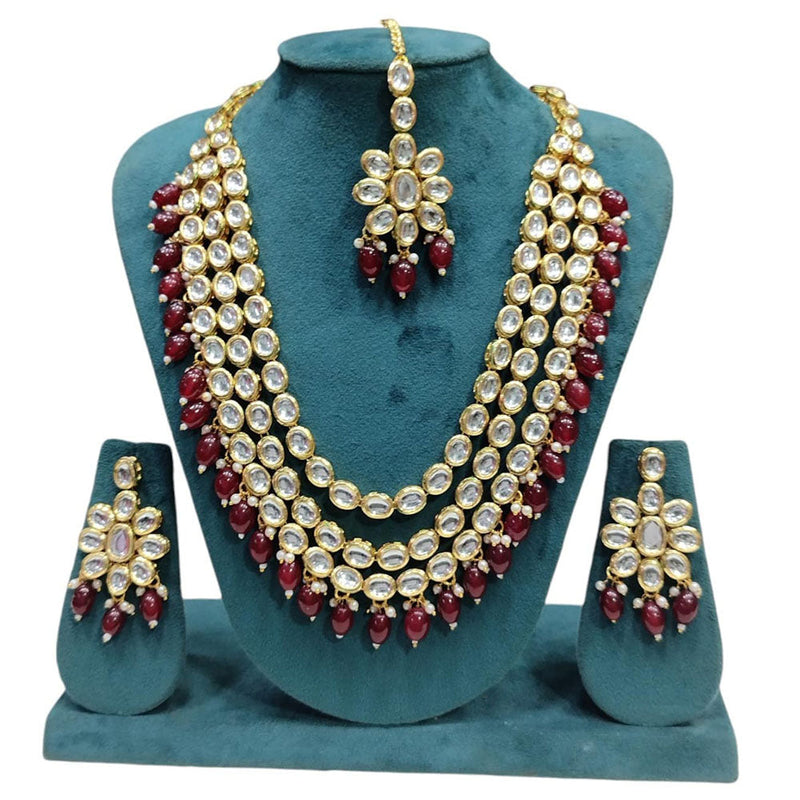 Akruti Collection Gold Plated Kundan Stone And Beads Multi Layer Necklace Set