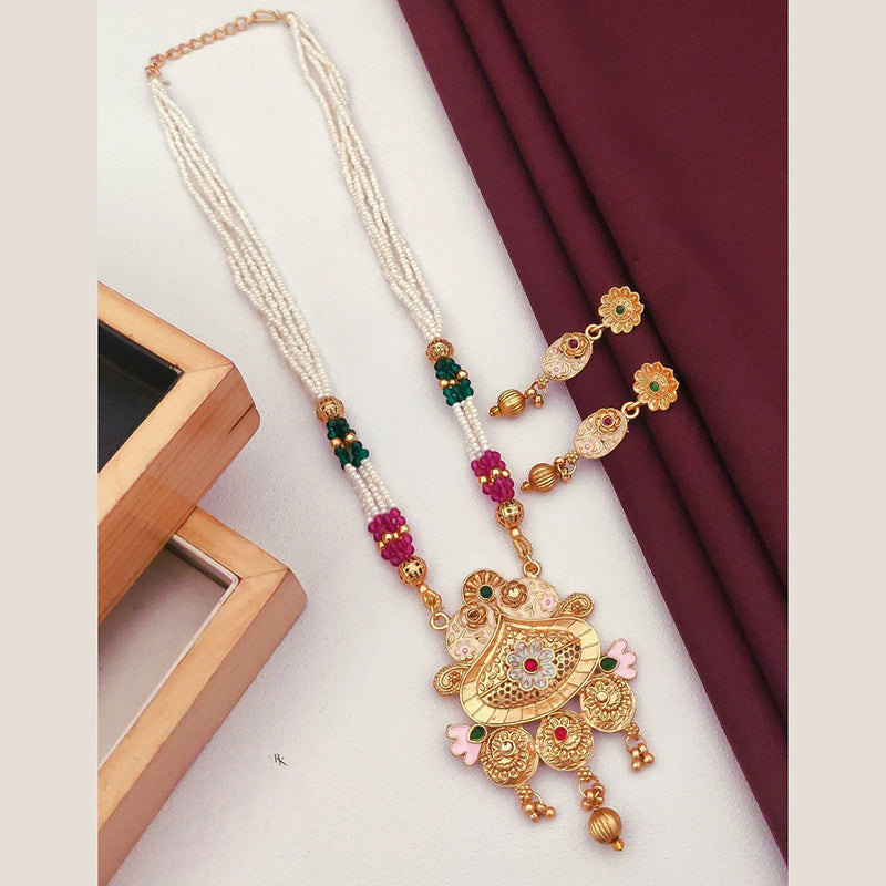 Akruti Collection Gold Plated Pota Stone And Pearls Long Necklace Set