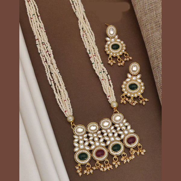 Akruti Collection Gold Plated Kundan Stone And Pearls Long Necklace Set