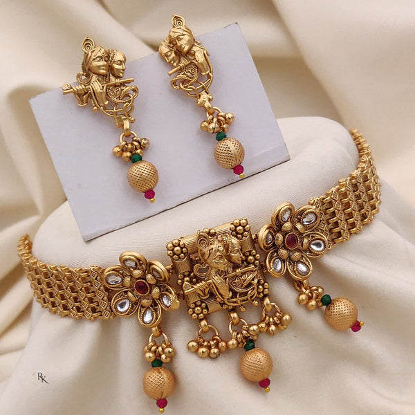 Akruti Collection Gold Plated Kundan Stone Temple Choker Necklace Set