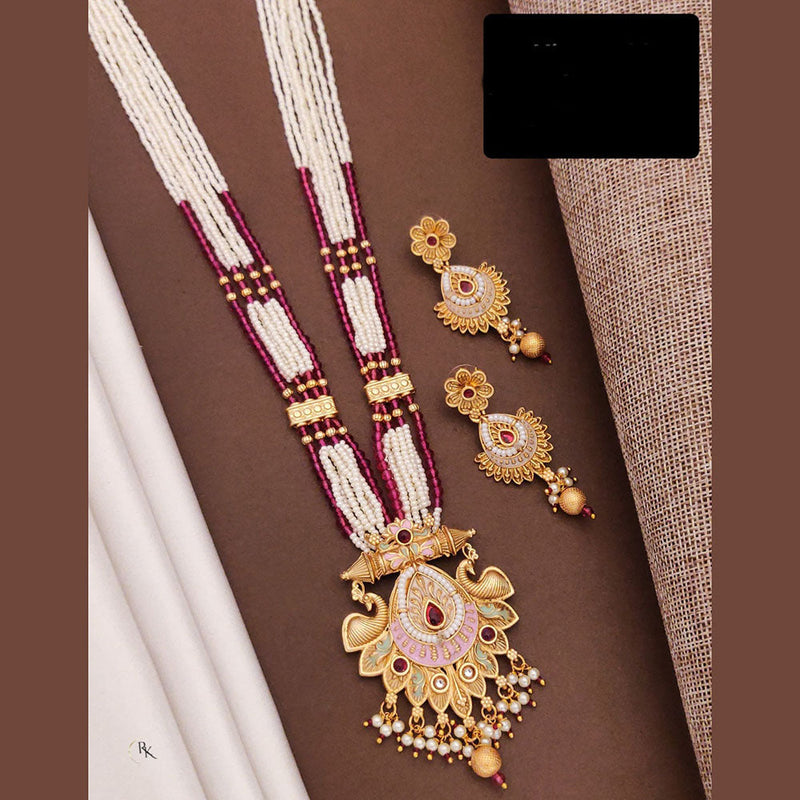 Akruti Collection Gold Plated Pota Stone And Pearls Long Necklace Set