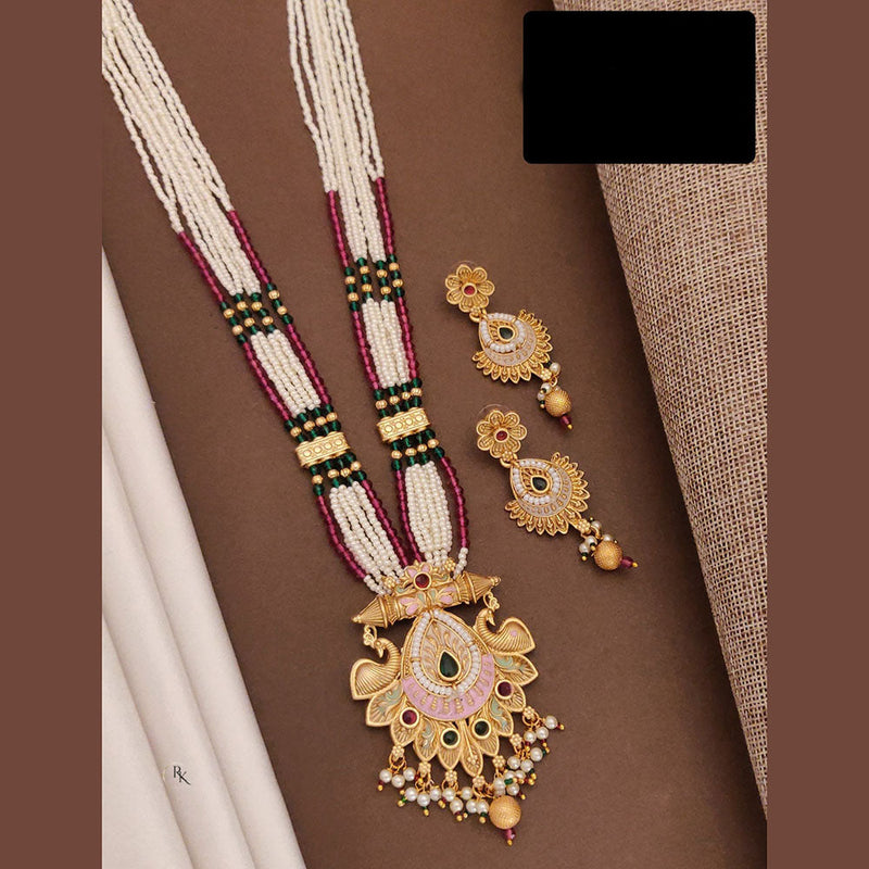 Akruti Collection Gold Plated Pota Stone And Pearls Long Necklace Set